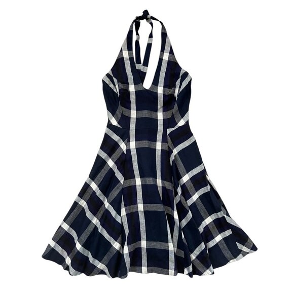 Eva Franco Plaid Halter‎ Linen Blend Knee Length Dress Navy Size 2 - Picture 1 of 15